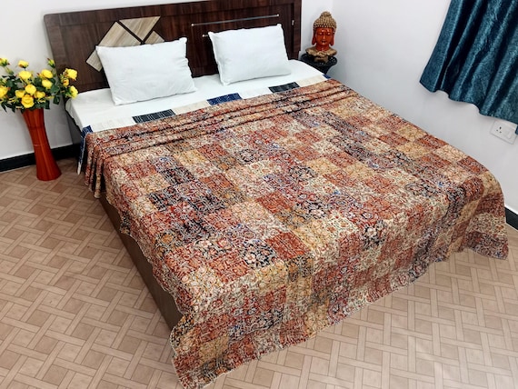 Patchwork Kantha Quilt Bedding Hand Block Print Floral Blanket Indian Natural Color, Hand-Stitched Rural Kantha Bedding, Ethnic Home Décor