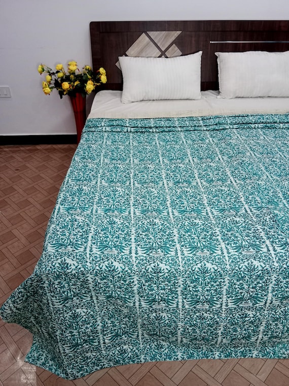 Kantha Quilt Bedding Hand Block Print Floral Blanket Indian Natural Color, Hand-Stitched Rural Kantha Bedding, Ethnic Home Décor Style