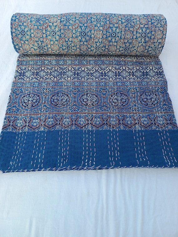 Premium Ajrak Assorted Kantha Quilt, Unique Block Printed Textile, Traditional Ajrak Design, Handcrafted Indian Quilt, Ethnic Bedding Throw