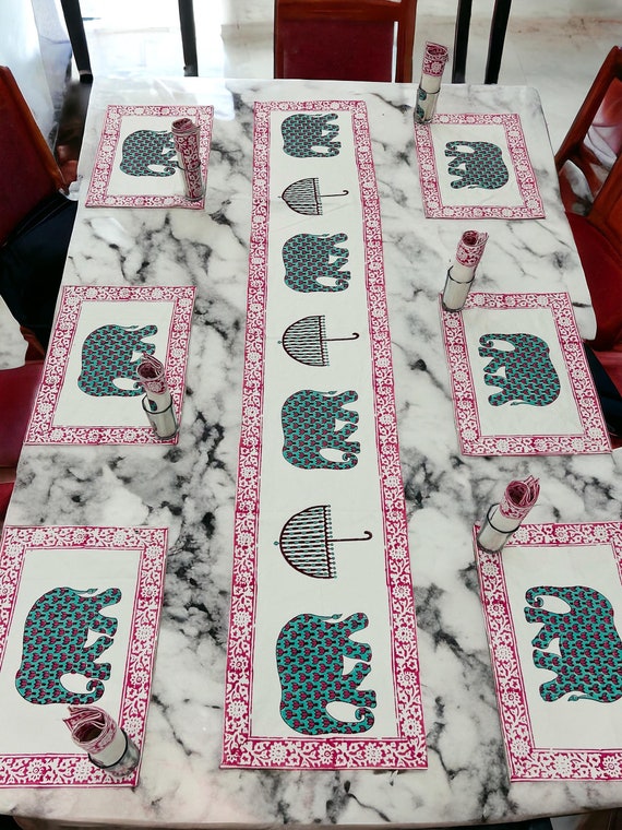 Hand Block Printed Premium Matching Runner With Napkins for 6 Seater with Premium Table Mat Set Hand Block Print