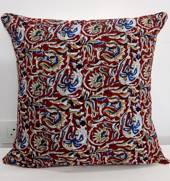 Handmade Kantha Pillow Cover, Floral Block Print Cotton Cushion, Jaipuri Ethnic Decor