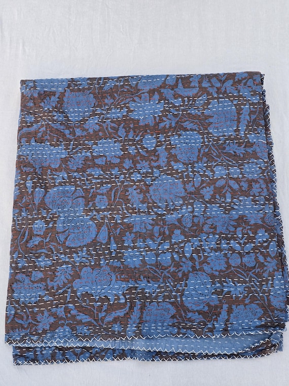 Blue Floral Kantha Quilt: Hand Block Print Indian Bedding