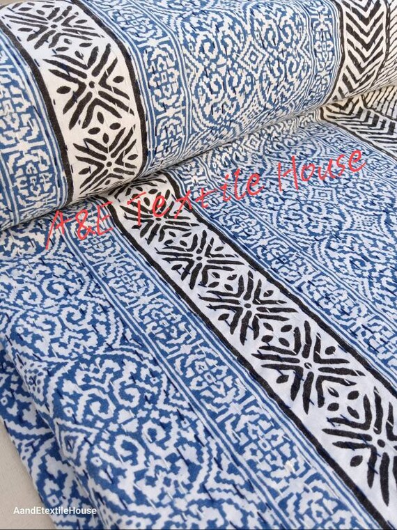 Premium Indian Hand Block Print Bedding Bedspread Full Size Queen Quilt Hand Stitched Kantha Quilt Blue Quilt, Housewarming Gift Of Blanket