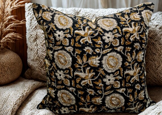 Handblock Floral Print Cushion Cover Set: Natural Cotton 16x16