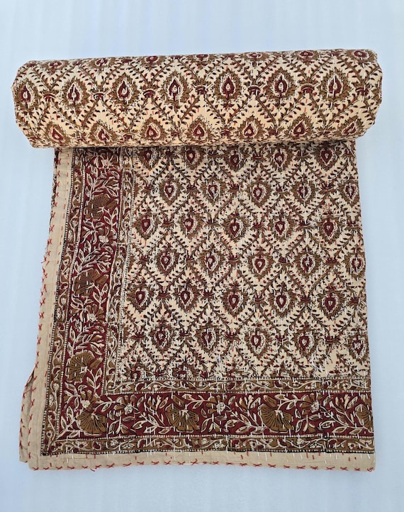 Hand Block Print Kantha Quilt, Floral Indian Cotton Bedding, Handmade Kantha Throw, Vintage Cotton Bedspread, Boho Decor