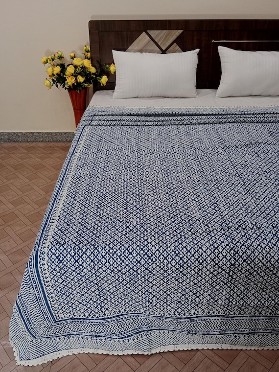 Kantha Quilt Kantha Quilt Handblock Print Indian Netural Colour floral print Quilt Hand Stitched Natural vegetable dye cotton kantha quilt