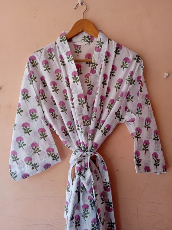Luxury Kimono Robe for Women | Indian Cotton Floral Print Bath Robe | Soft Hand block Print Nightwear Gown & Dressing Gown | Gift For Her