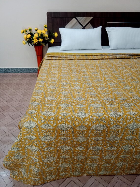 Premium Leaf kantha quilt bedspread queen size quilt Indian kantha throw Kantha Block Printed Kantha Blanket Indian kantha Christmas Gift