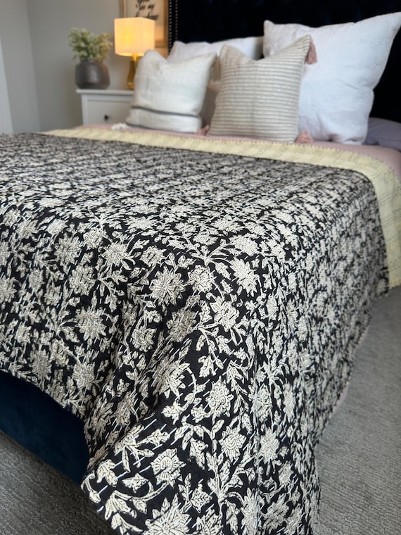 Hand Stitched Kantha Quilt Black & Cream Floral Print, Indian Cotton Bedspread, Bohemian Bedding, Vintage Kantha Blanket, Handmade Quilt