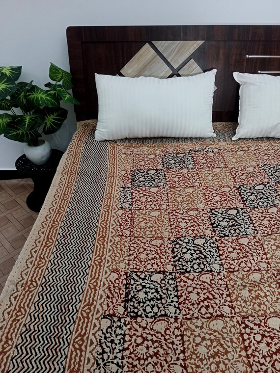 Floral Hand Block Print Kantha Quilt: Indian Inspired Cotton Bedding