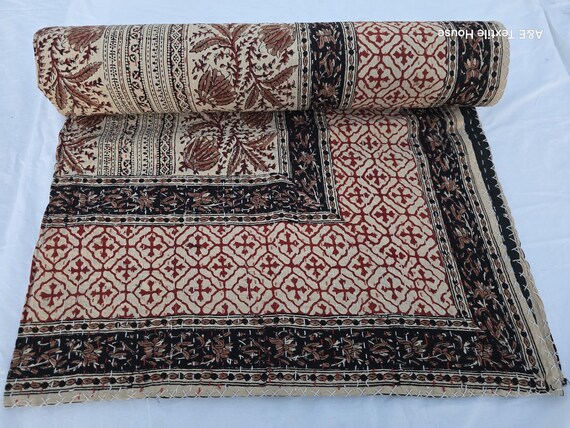 Indian Kantha Quilt Bedding Hand Block Print Floral Blanket Indian Natural Color Hand-Stitched Rural Kantha Bedding, Ethnic Home Décor Style