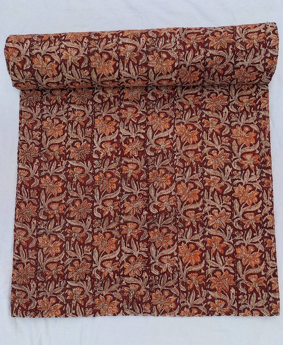 Floral Kantha Quilt Block Print Quilt Maroon Burgundy Indian Inspired Bedspread Vintage Boho Bedding Quilt