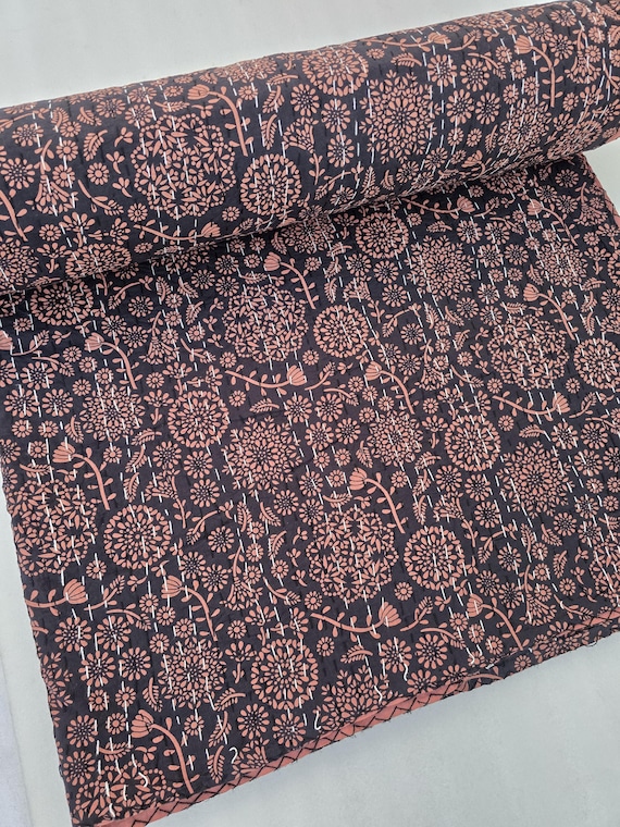 Floral Handmade Kantha Quilt, Vintage Floral Block Print Bedding Vintage Bedding Quilt Gorgeous quilt that has the Perfect Vintage Look