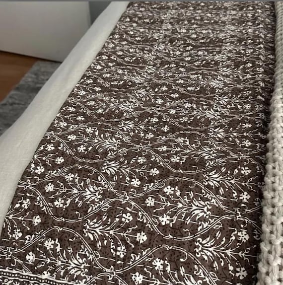 Brown Kantha quilt Block Print Bordered Design Indian Bedding Bedspread Full size Queen Quilt Hand Stitched indian comforter quilt brown