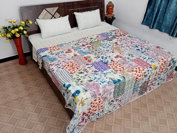 Handmade Patchwork Kantha Quilt: Vintage Indian Bedding  Bedspread
