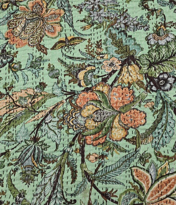 Floral Kantha Quilt: Hand-Stitched Indian Bedding Bedspread floral printed cotton quilt Christmas Gifts
