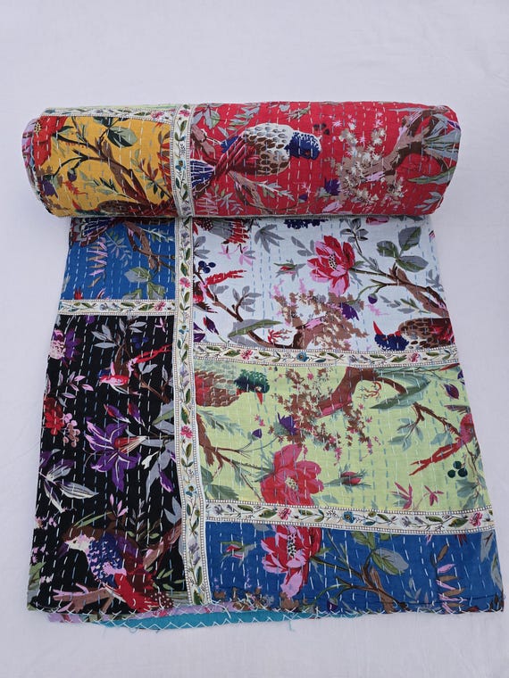 Assorted Patchwork Kantha Floral Print Patchwork Cotton Kantha Quilt Bedding 108' x 108' kantha blue and more quilt california king