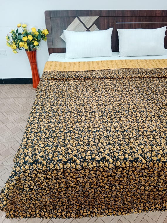 Handmade Kantha Quilt, Vintage Floral Block Print Bedding Vintage Bedding Quilt Gorgeous Quilt that has the Perfect Vintage look