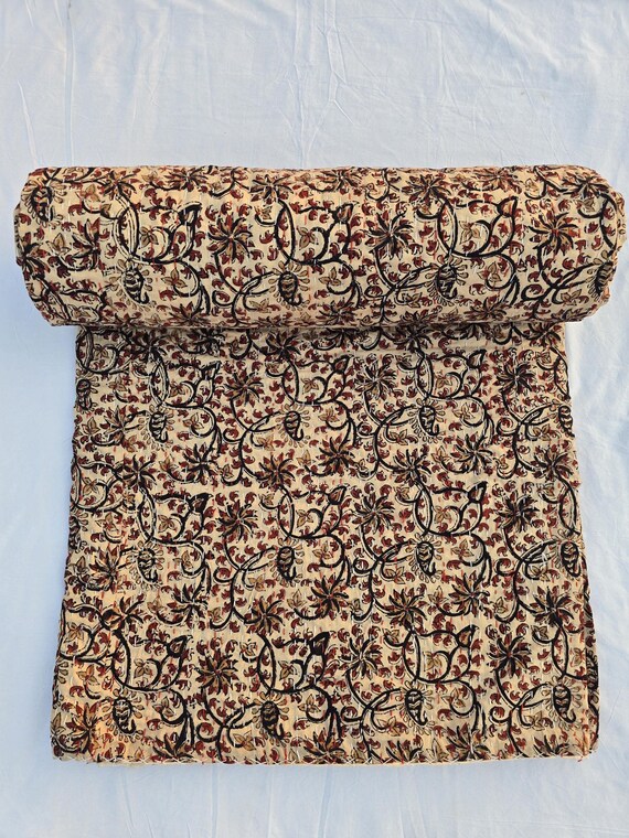 indain Kantha Quilt Handblock Print floral Kantha Indian Beddding Netural Colour Indian inspired Bedding floral quilt king queen twin size
