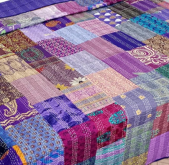 Handmade Patchwork Kantha Quilt: Vintage Indian Bedding  Bedspread