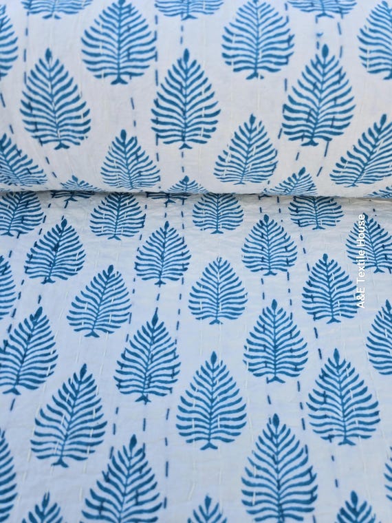 Turquoise Quilt kantha Indian Kantha Quilt  HandBlock Turquoise color Leaf Print Green Leaf Bedding Bedspread Full size Soft  Leaf Quilt