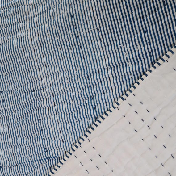 Winter Warm Quilt Reversible Jaipuri Kantha Quilt: Handmade Indian Cotton Batting Blanket