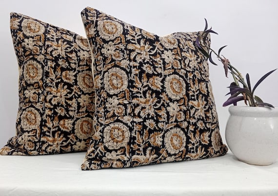 Set of 5 Pieces Beautiful Handblock print Floral Print Cushion Covers Cotton Fabric 16x16 Inches Size Natural Colour 16x16 Inches 5 Pieces