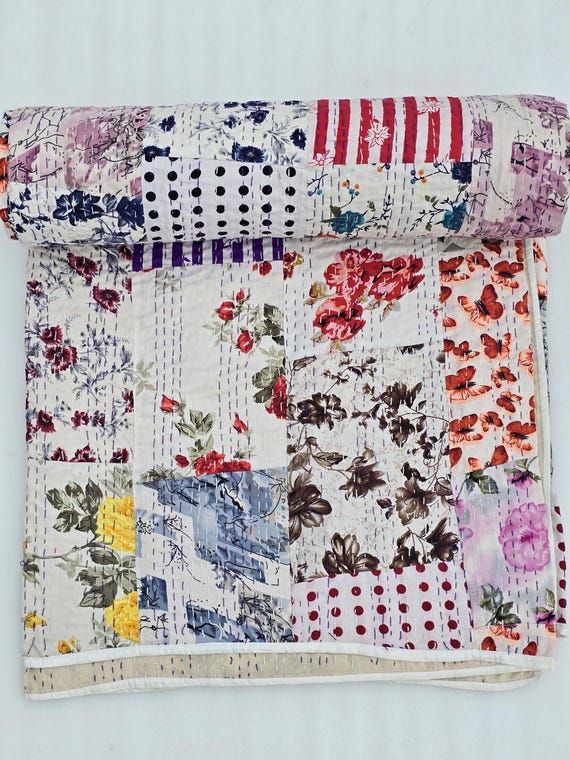 Indian Silk Patola Patchwork Handmade Kantha Quilt Assorted Patchwork Kantha Handmade Vintage Quilts Assorted Vintage style vintage design