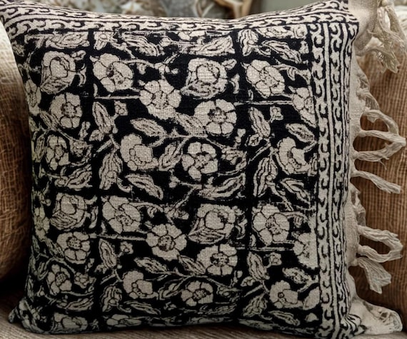 Hand Block Print Pillow Cover: Handmade Cotton Fringe Cushion Pillow Cover 20x20