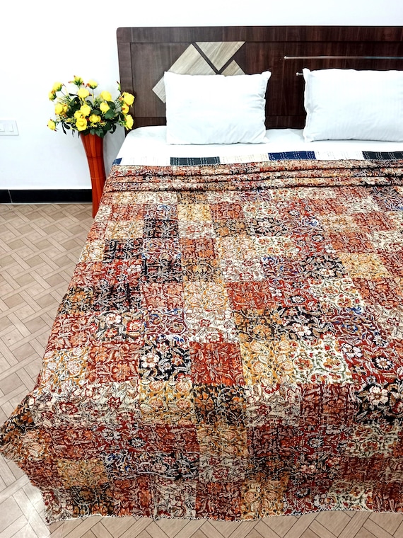 Patchwork  floral Kantha Quilt Handblock Print floral Kantha indian block quilt floral blanket Indiana cotton bedspread block print quilt,