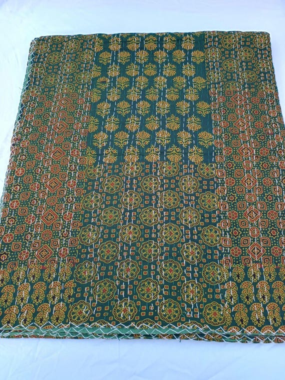 Green Kantha Quilt: Ajrak Block Print, Vintage Floral Design (108