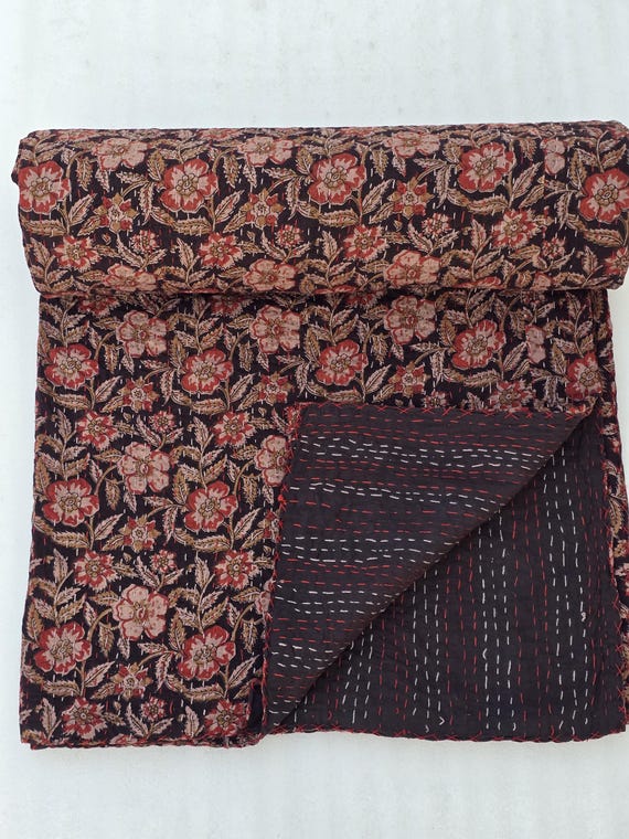 Black Floral Kantha Quilt: Hand-Stitched Indian Bedding