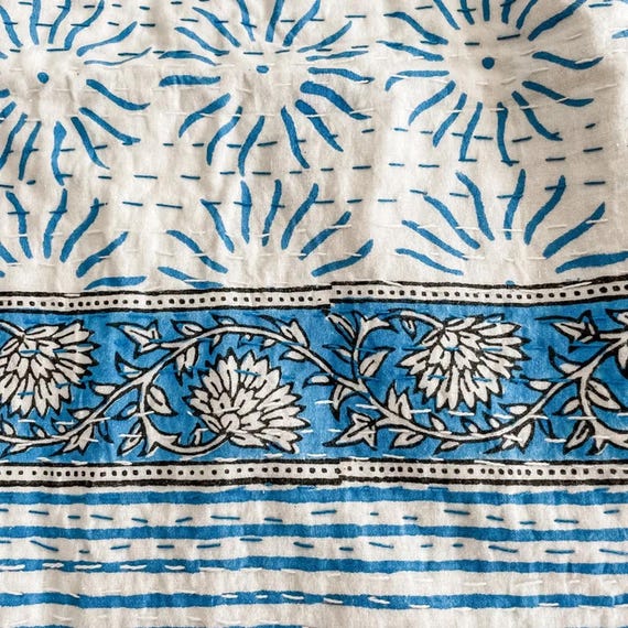 Blue Kantha Quilt: Hand-Stitched Indian Bedspread, Sun Print Border