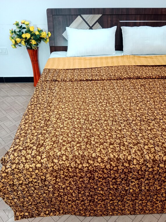 Handmade Kantha Quilt, Vintage Floral Block Print Bedding Vintage Bedding Quilt Gorgeous Quilt that has the Perfect Vintage look