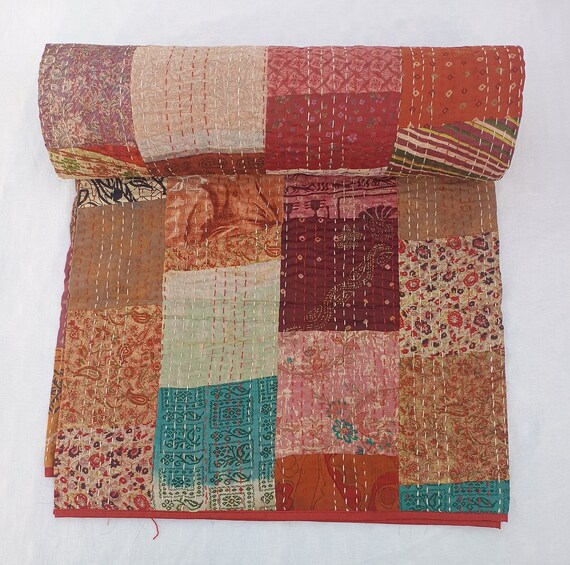 Patchwork Kantha Quilt Handmade Vintage Quilts | Assorted Bedding Throw Blanket Quilted Bedspread | Mixed Hippie Quilts Valentine’s Day Gift