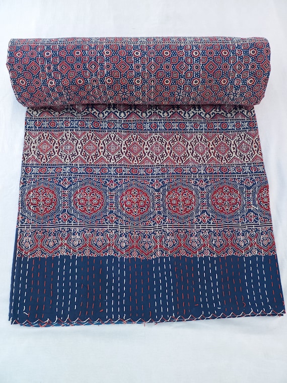 Ajrak or Ajrakh is a unique block printed textile. It displays special traditional designs and patterns Ajrak Vintage design kantha quilt