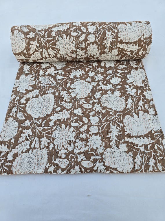 Hand Stitched Kantha Quilt, Indian Floral Print Cotton Bedspread, Vintage Hand Printed Fabric