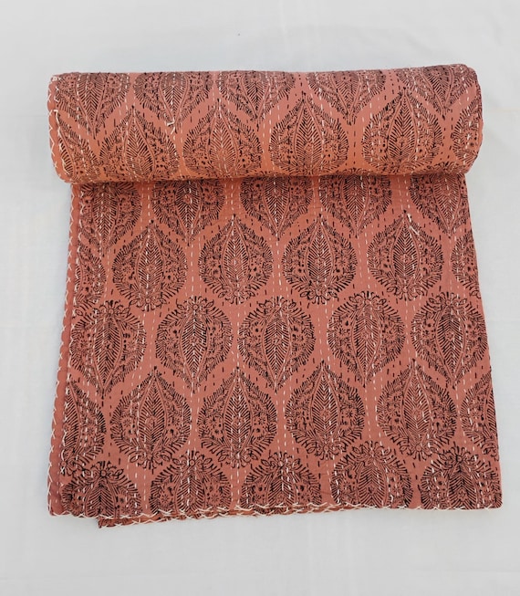 Floral Kantha Quilt: Hand Block Print Indian Cotton Bedspread