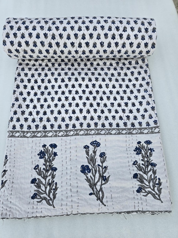 Handblock unique block printed textile It displays special traditional designs and patterns Floral Vintage design kantha quilt