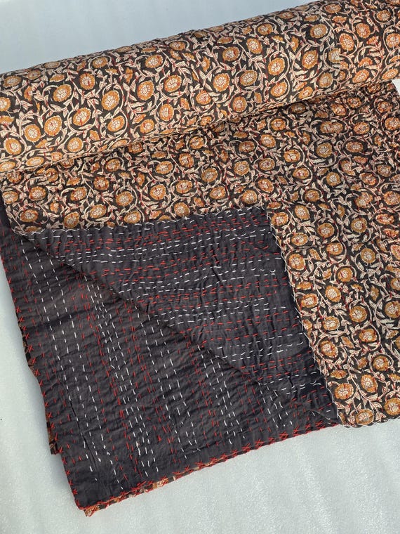 Handmade Quilt Floral Print Kantha Quilt: Indian Bedding Block Print Quilt Cotton Bedspread