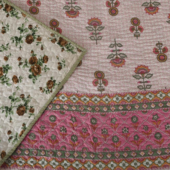 Kantha quilt Floral Print Quilt, Queen Size Kantha Blanket, Cotton Indian Quilt, Boho Floral Coverlet, Vintage Handmade Bedding