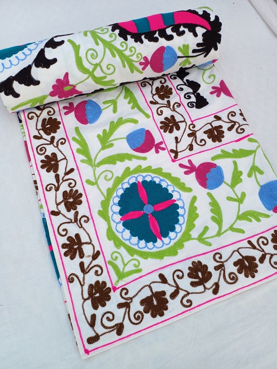 Hand Embroidered Suzani Tapestry: Vintage Floral Cotton Bedding, Wall Hanging