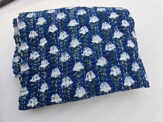 Kantha Quilt Bedding Hand Block Print Floral Blanket Indian Natural Color, Hand-Stitched Rural Kantha Bedding, Ethnic Home Décor Style