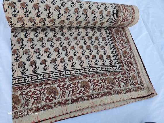 Kantha Quilt Bedding Hand Block Print Floral Blanket Indian Natural Color, Hand-Stitched Rural Kantha Bedding, Ethnic Home Décor Style