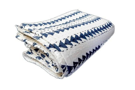 Blue and White Kantha Quilt Indian HandBlock Print Bedding Bedspread Hand Stitched Quilt Blue Indigo Triangle Quilt Blue and white Kantha