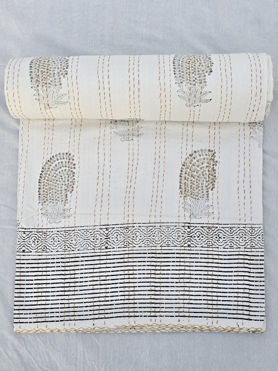Handblock Print Kantha Quilt: Floral Indian Cotton Coverlet