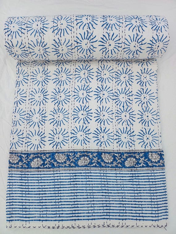 Blue Kantha Quilt: Hand-Stitched Indian Cotton Bedspread