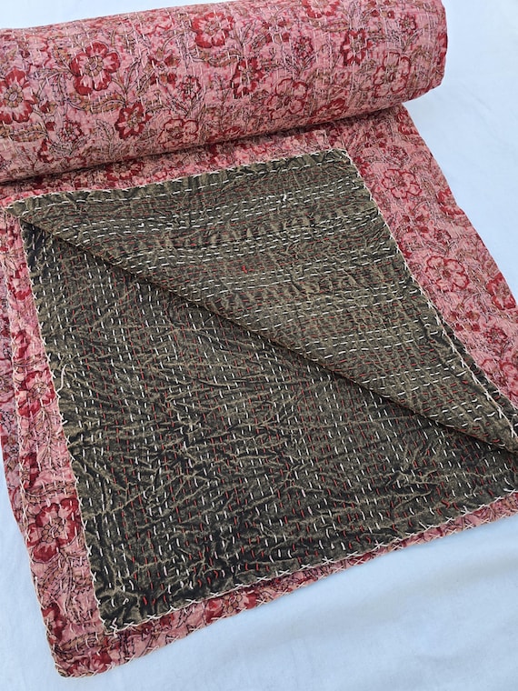 Floral Kantha Quilt, Vintage Block Print Bedding, Handmade Cotton Bedspread