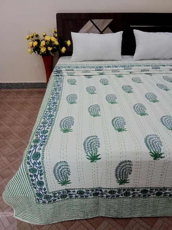 Premium Green Flora Hand block Print Bedding Bedspread Full-size Queen Quilt Hand Stitched Quilt Natural Color Kantha Quilt, Boho Soft Throw