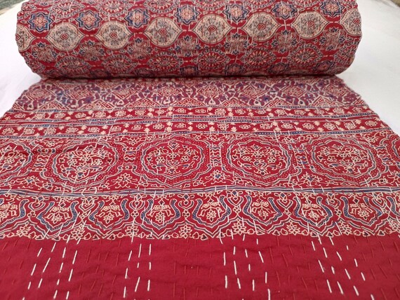 Ajrak or Ajrakh is a unique block printed textile. It displays special traditional designs and patterns Ajrak Vintage design kantha quilt
